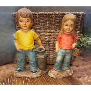 Vintage 1981 Boy & Girl Standing Figurines With Milk Can & Basket Home Decor